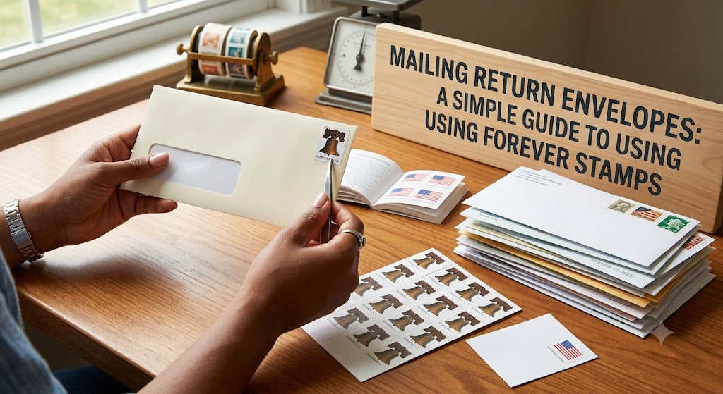 Mail return envelopes Forever Stamps